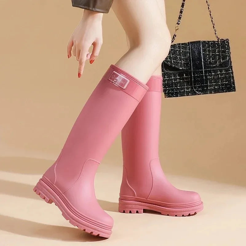 Women Rain Boots PVC Rubber Boots Outdoor Waterproof Garden Work Boots Fashion High-Tube Rubber Galoshes Women Rubber Rain Shoes