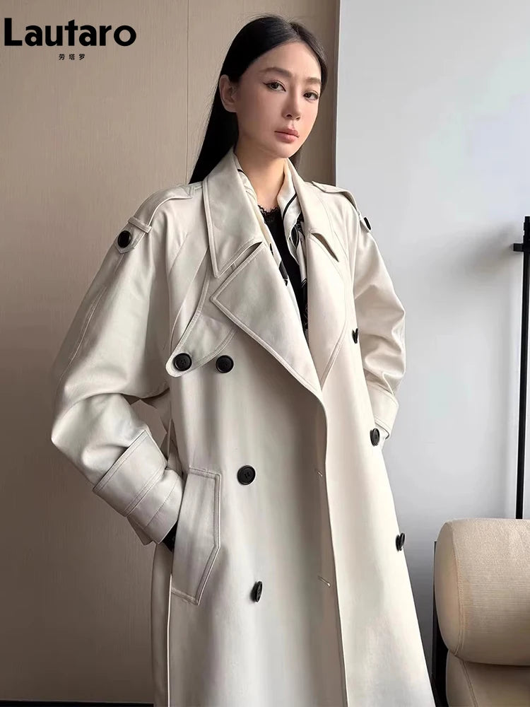 Lautaro Spring Autumn Oversized Khaki Long Grey Trench Coat for Women Double Breasted Loose Casual Korean Fashion Overcoat 2024