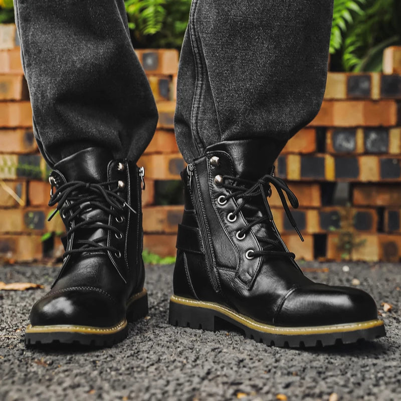 Quality Men Leather Boots Metal Double Zipper Motorcycle Boots Oxford Business Men Ankle Boots Autumn Winter Shoes Large Size 48
