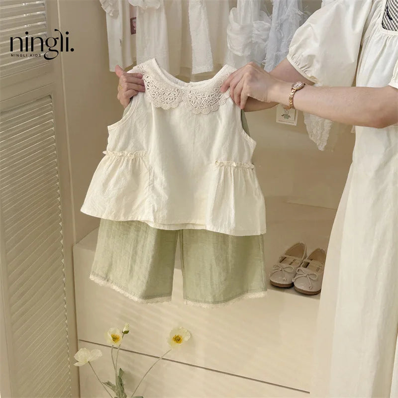 6142 Children Suit 2025 Summer Hot Sale Girl's Two Piece Suit Lace Collar Vest +Pants Casual Set 80-130CM