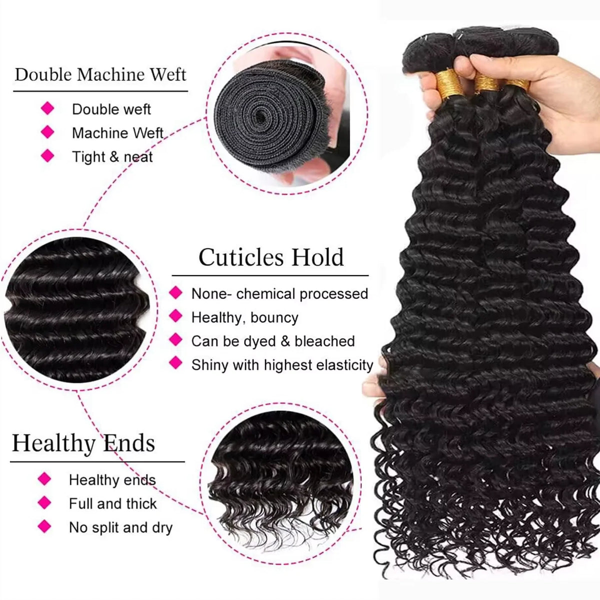 Tissages Brésiliens Naturels Deep Wave – 3-4 Mèches + Closure HD Lace 4x4 / 5x5 / 13x4 Frontal