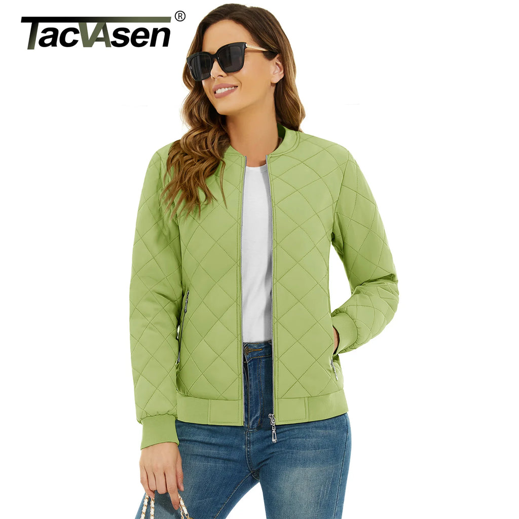 TACVASEN Padded Warm Jackets Womens Fashion Retro Pilot Jacket Diamond Quilted Coats Full Zip Up Pockets Casual Outwear
