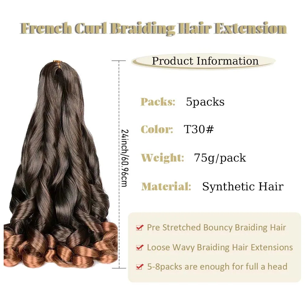 3/5Packs 24Inch Synthetic French Curls Crochet Hair Pre-Stretched Loose Wave Braiding Hair Ombre Loose Curly Braids Braids Hair
