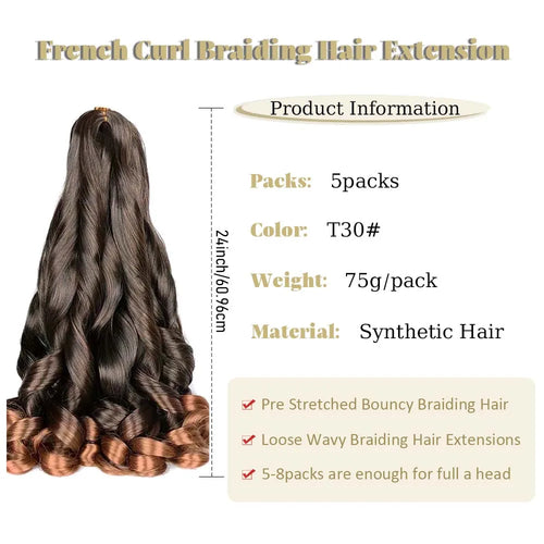 3/5Packs 24Inch Synthetic French Curls Crochet Hair Pre-Stretched Loose Wave Braiding Hair Ombre Loose Curly Braids Braids Hair