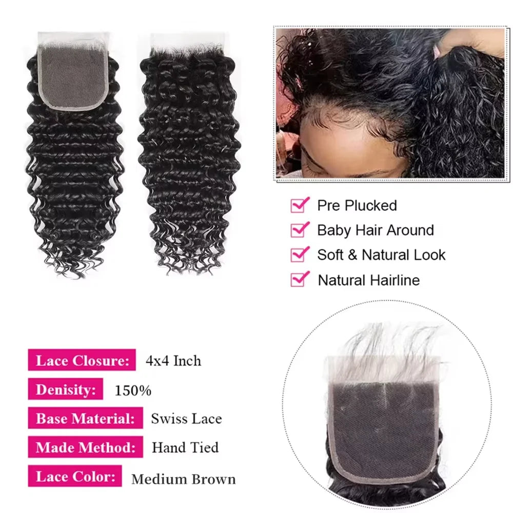Tissages Brésiliens Naturels Deep Wave – 3-4 Mèches + Closure HD Lace 4x4 / 5x5 / 13x4 Frontal