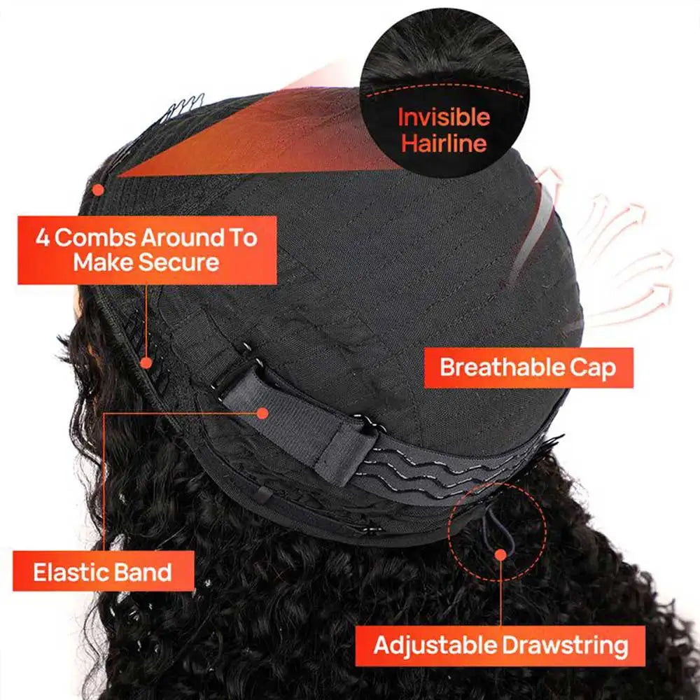 Kinky Straight Half Wig Human Hair Glueless Wig Human Hair Ready to Wear 3 IN 1 Half Wig Drawstring Yaki Straight Glueless Wig
