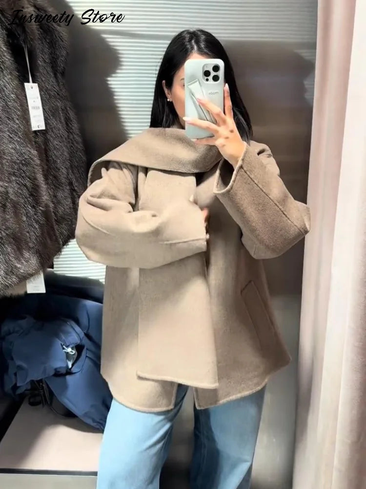 Fashion British Style Trench Coat with Detachable Scarf Women's Single Breasted Long Sleeve Jacket 2025 Winter Classic Outerwear