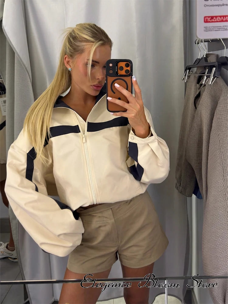 Beige Black Colorblock Zip Collar Crop Women Jacket Sporty Lapel Loose Outerwear Spring Autumn Daily Street Dating Outfit Coat