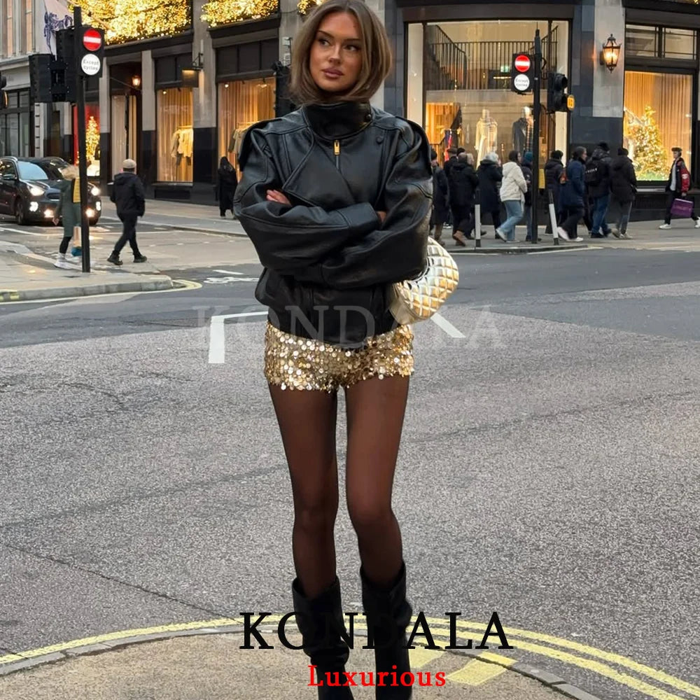 KONDALA Casual Chic Black Leather Jackets Women Long Sleeve Buttons Elastic Oversized Coats Fashion 2026 Spring Streetwear Coats