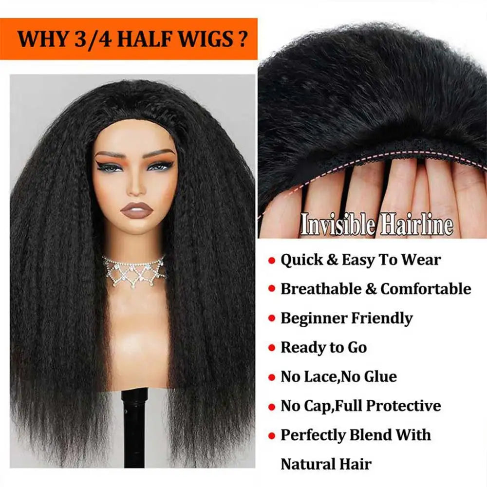 Kinky Straight Half Wig Human Hair Glueless Wig Human Hair Ready to Wear 3 IN 1 Half Wig Drawstring Yaki Straight Glueless Wig