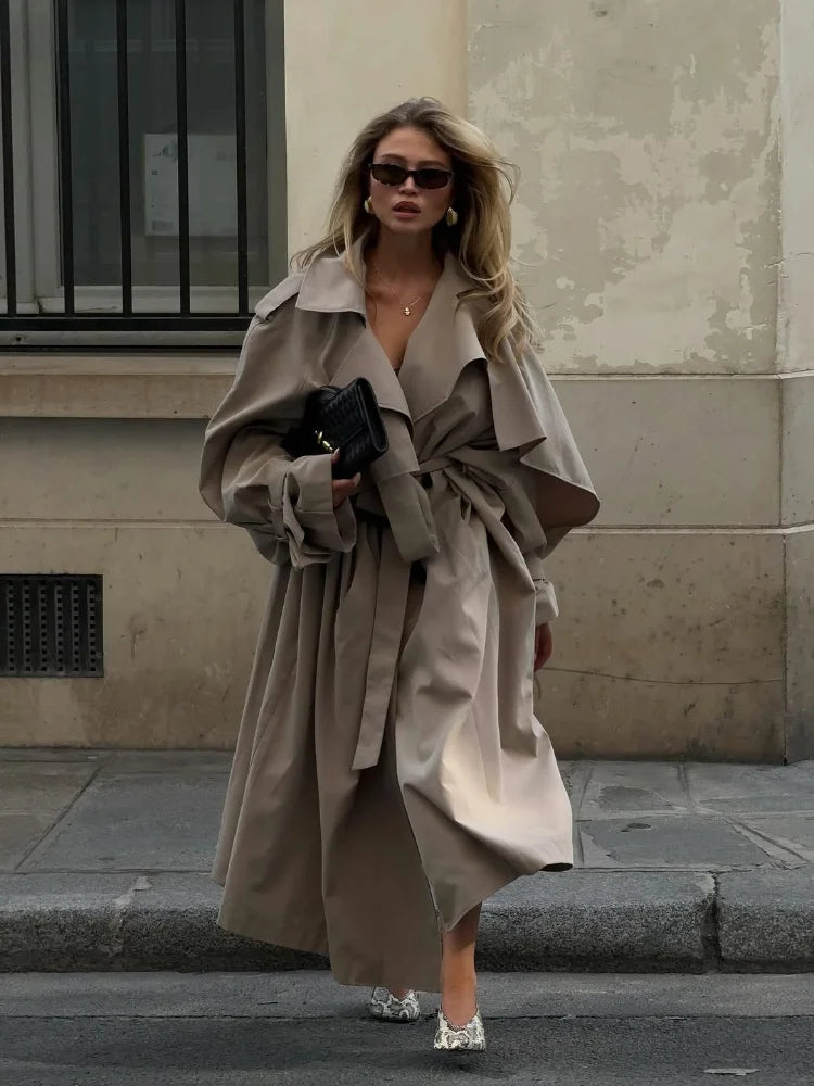 Women Casual Lace Up Long Trench Coat Chic Solid Color Full Sleeve Lapel Windbreaker 2026 Fall New Fashion Loose Commute Jackets
