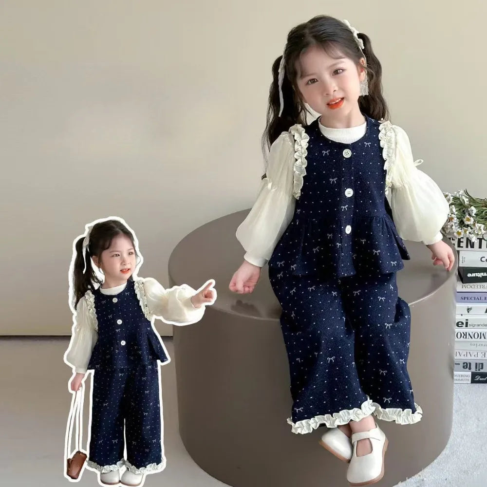 Bear Leader Children's Clothing Autumn Imitation Denim Ruffle Girls Clothes Bow Printed Vest+Long Sleeved Shirt+Pants 3 Pcs Set