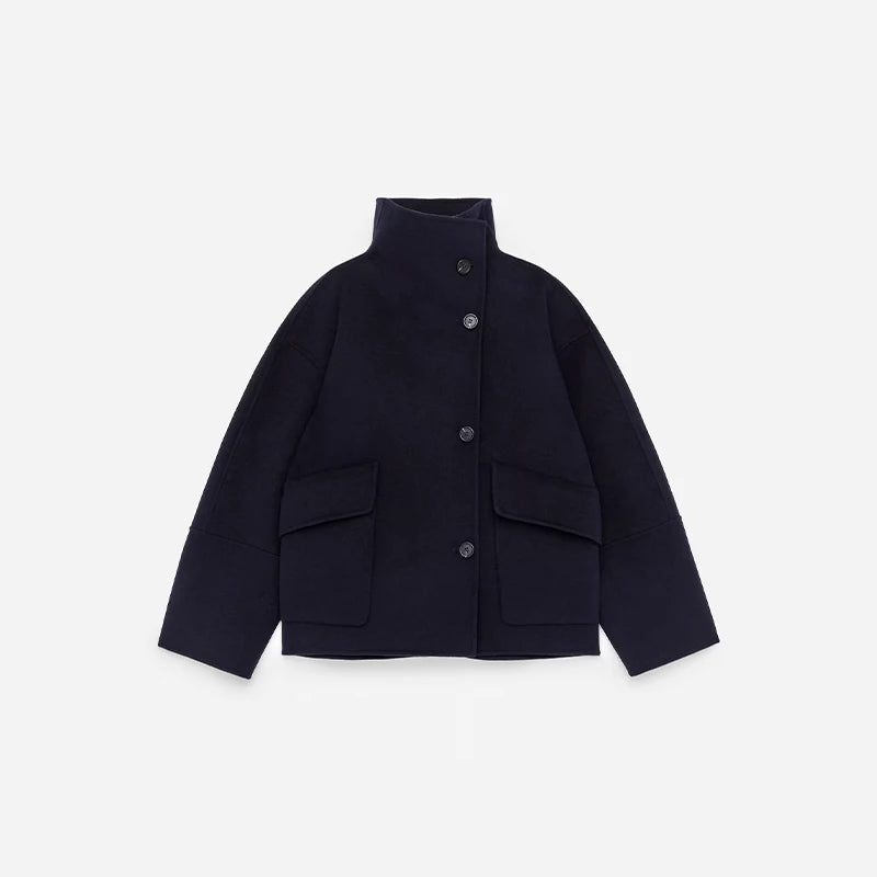 Elegant Solid Woolen Coats Women Solid Full Sleeve Double Breasted Loose Stand Collar Jackets Female 2026 Spring Lady Outwears