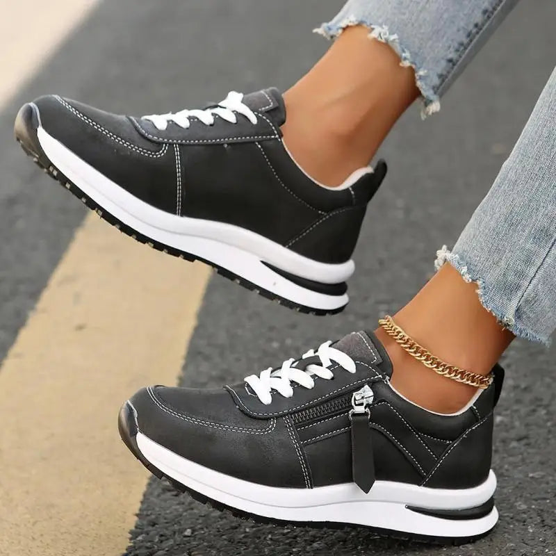 Spring Brown Leather Platform Sneakers Women Comfortable Lace Up Thick Sole Sports Shoes Woman Casual Slip On Vulcanize Shoes