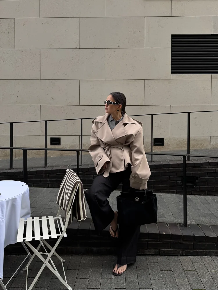 Women's Solid Cropped Trench Coat Elegant Lapel Collar Long Sleeve Belted Wrap Jackets Casual Streetwear 2026 Spring Fall Wear