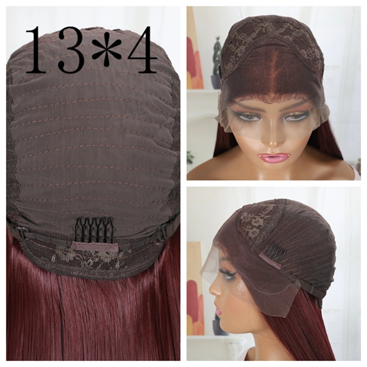 Short Bob Blunt Cut Bone Silky Straight 99J Red Burgundy Color 13X4 HD Full Lace Frontal Wig Heat Resistant Fiber Glueless Wigs