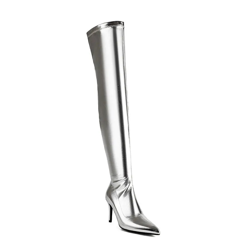 SGESVIER Elastic Women's Over the Knee High Boots Sexy Long Thigh High Boot Ladies Winter Shoes Black Gold Heeled Party Shoes