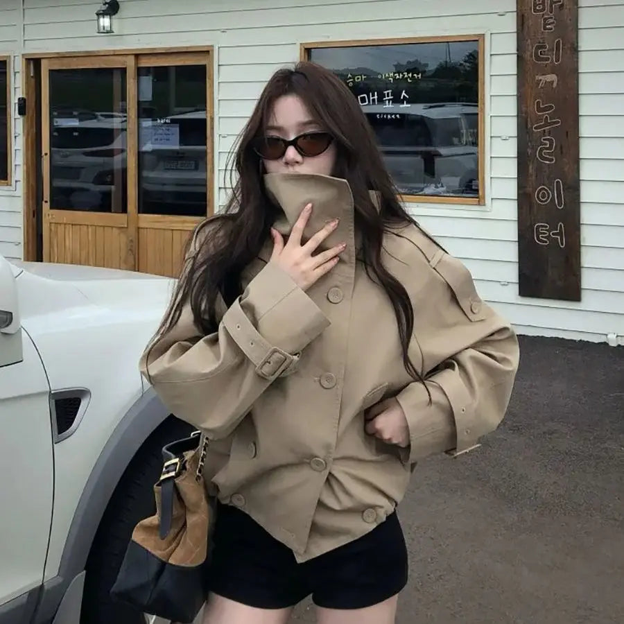 Women's 2025 Korean Style Relaxed Trench Coat Vintage Khaki Utility Jacket Spring Fall Casual Chic Versatile Outerwear