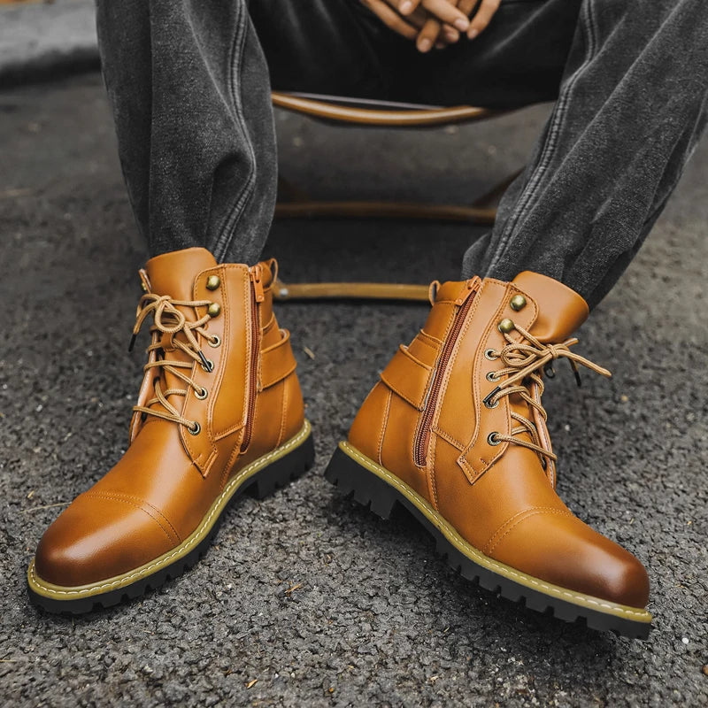 Quality Men Leather Boots Metal Double Zipper Motorcycle Boots Oxford Business Men Ankle Boots Autumn Winter Shoes Large Size 48