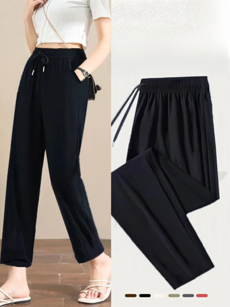 Pantalon de Sport Femme en Soie Glacée – Taille Haute, Jambes Droites, Séchage Rapide